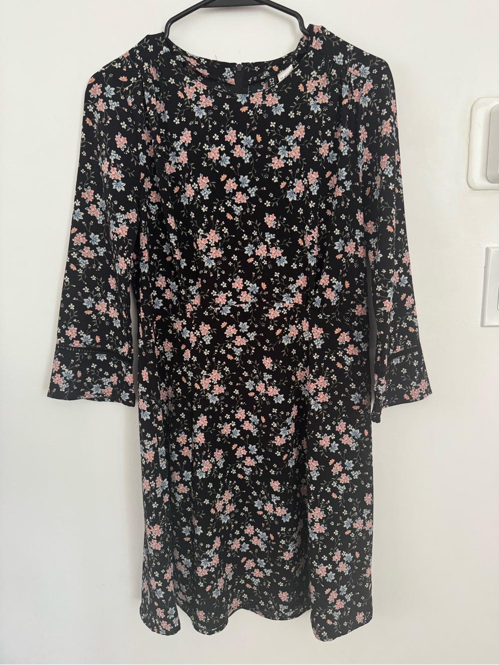 H&M Black Long-Sleeve Floral Midi Dress with Pink & Light Blue Print